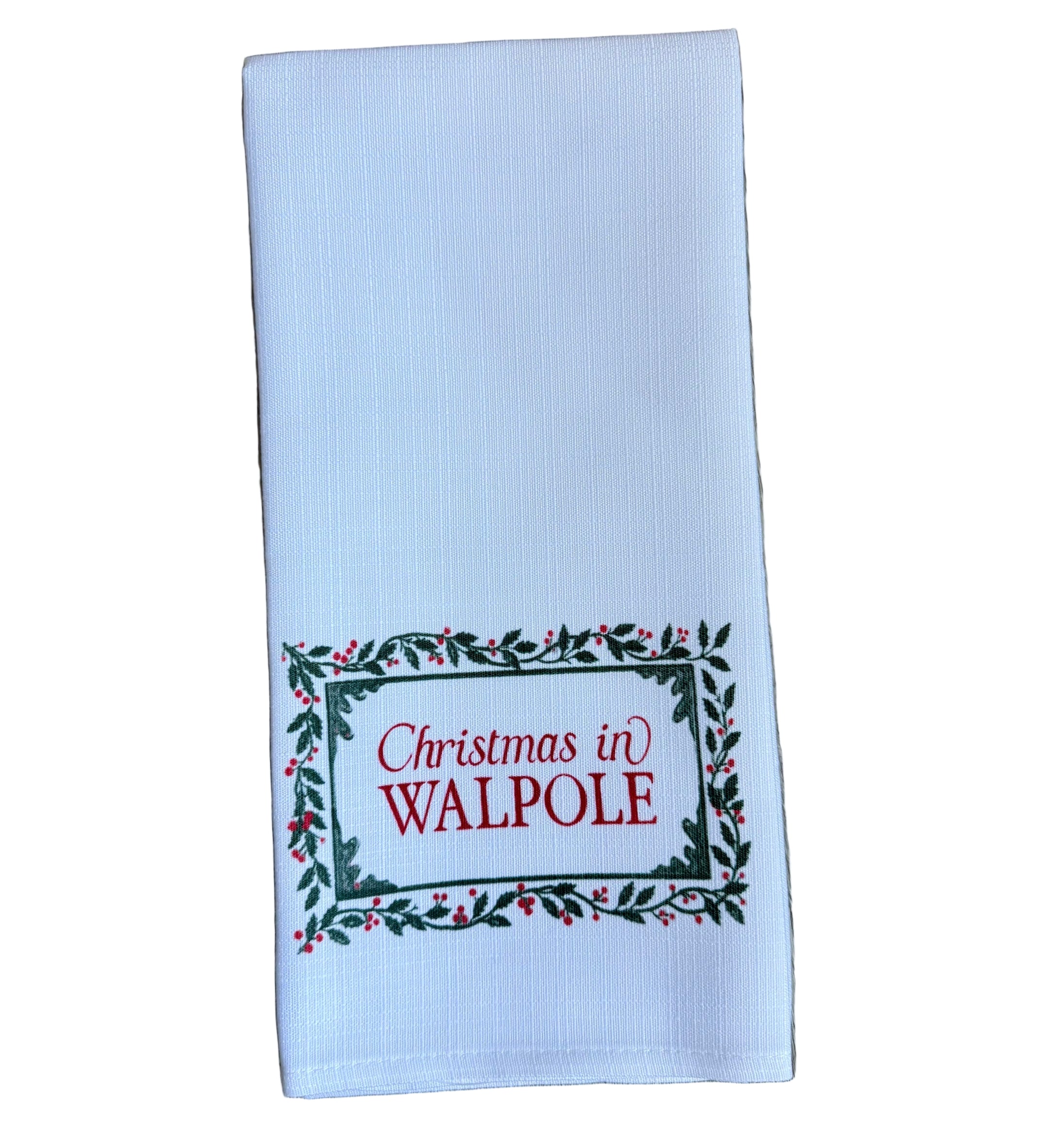 Walpole Little Birdie Holly Border Town Tea Towel – festive holiday kitchen towel with charming town design, handcrafted and available at Be Charmed.