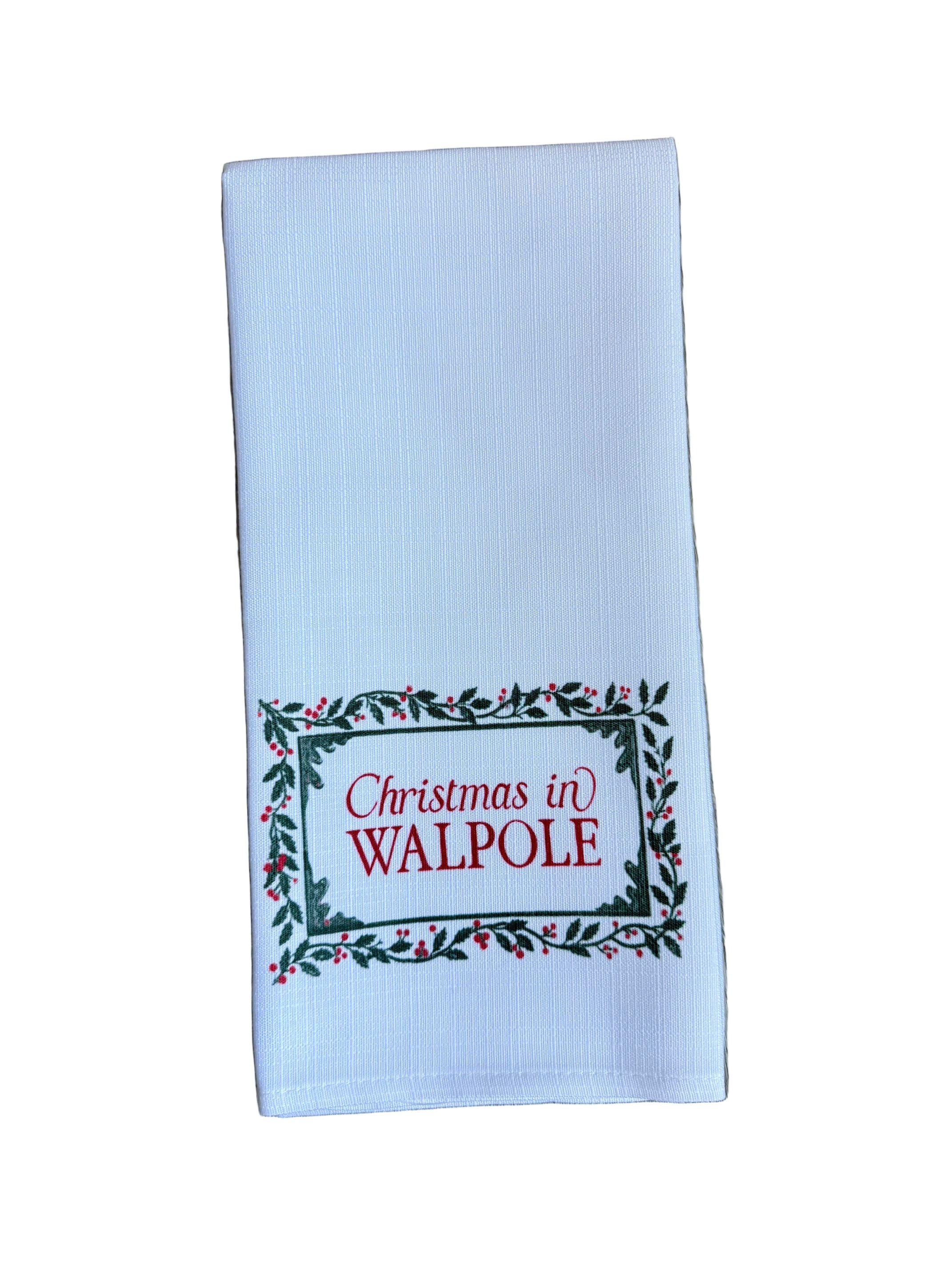 Walpole Little Birdie Holly Border Town Tea Towel – festive holiday kitchen towel with charming town design, handcrafted and available at Be Charmed.
