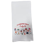 Little Birdie Christmas Time in Medfield Tea Towel – festive holiday kitchen towel with Medfield town design, handcrafted and available at Be Charmed.