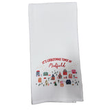 Little Birdie Christmas Time in Medfield Tea Towel – festive holiday kitchen towel with Medfield town design, handcrafted and available at Be Charmed.