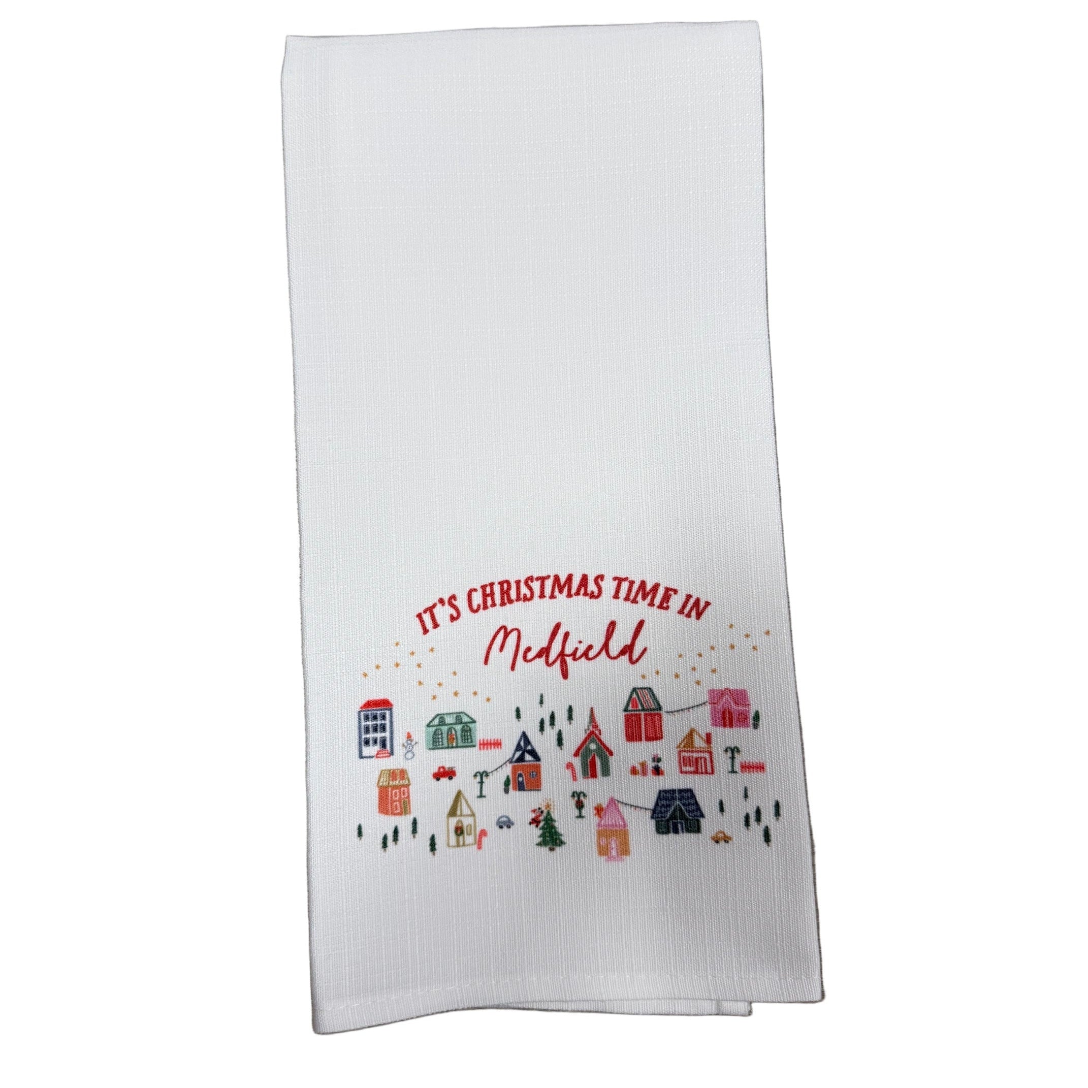Little Birdie Christmas Time in Medfield Tea Towel – festive holiday kitchen towel with Medfield town design, handcrafted and available at Be Charmed.