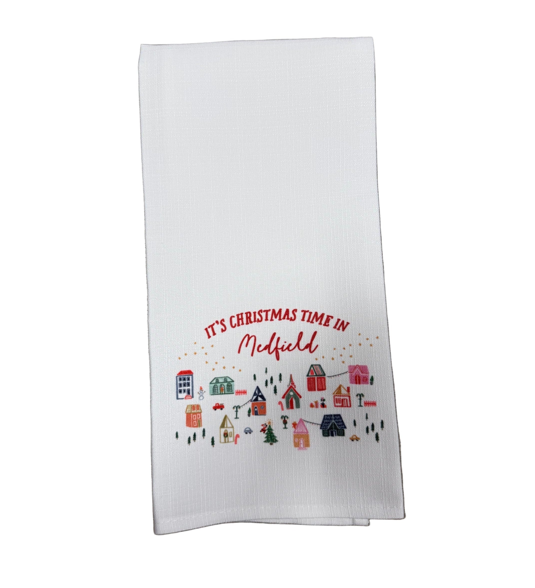Little Birdie Christmas Time in Medfield Tea Towel – festive holiday kitchen towel with Medfield town design, handcrafted and available at Be Charmed.