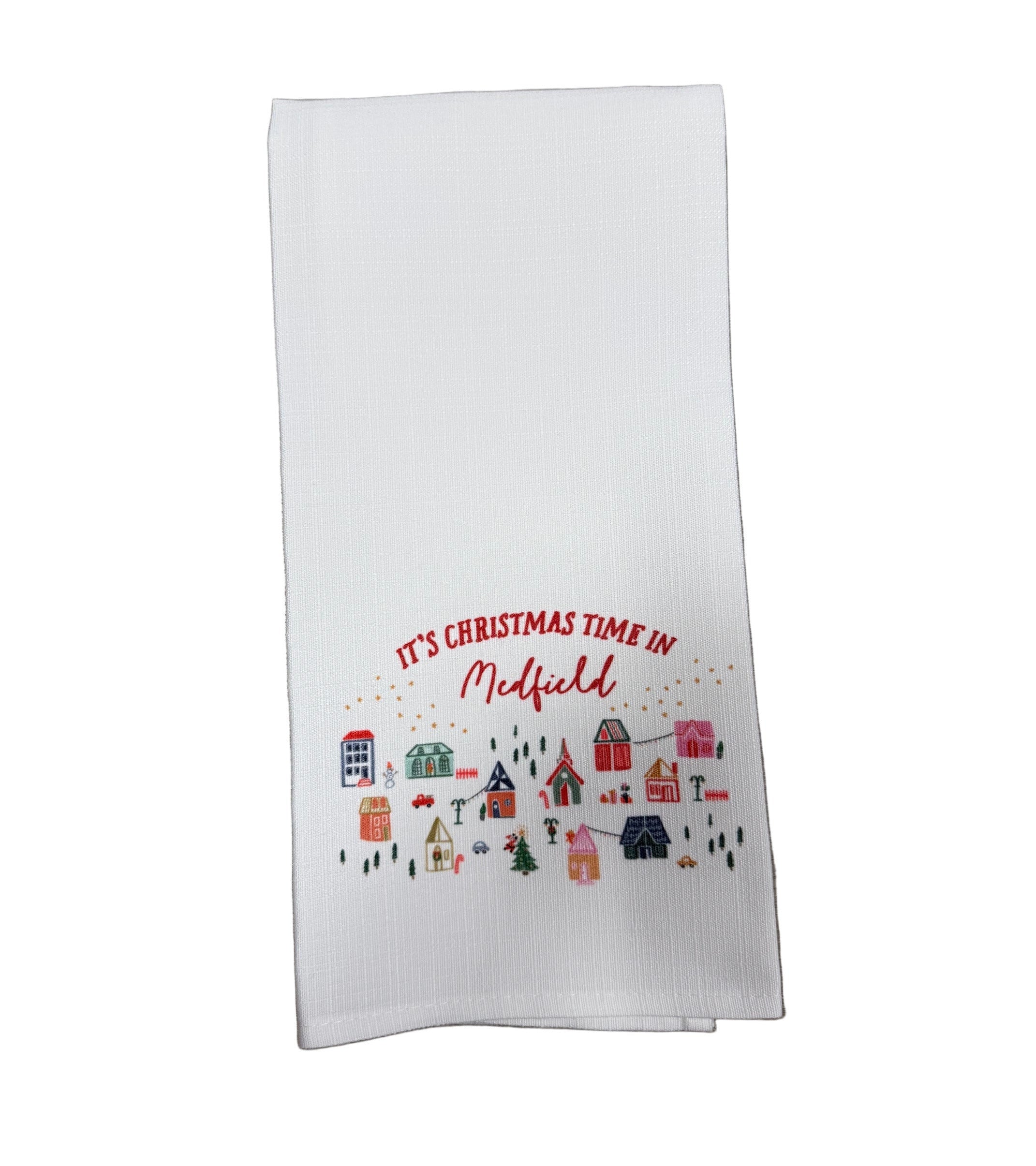 Little Birdie Christmas Time in Medfield Tea Towel – festive holiday kitchen towel with Medfield town design, handcrafted and available at Be Charmed.