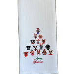 Little Birdie Merry Christmas Dog Tree Tea Towel – festive holiday kitchen towel with dog and tree design, handcrafted and available at Be Charmed.