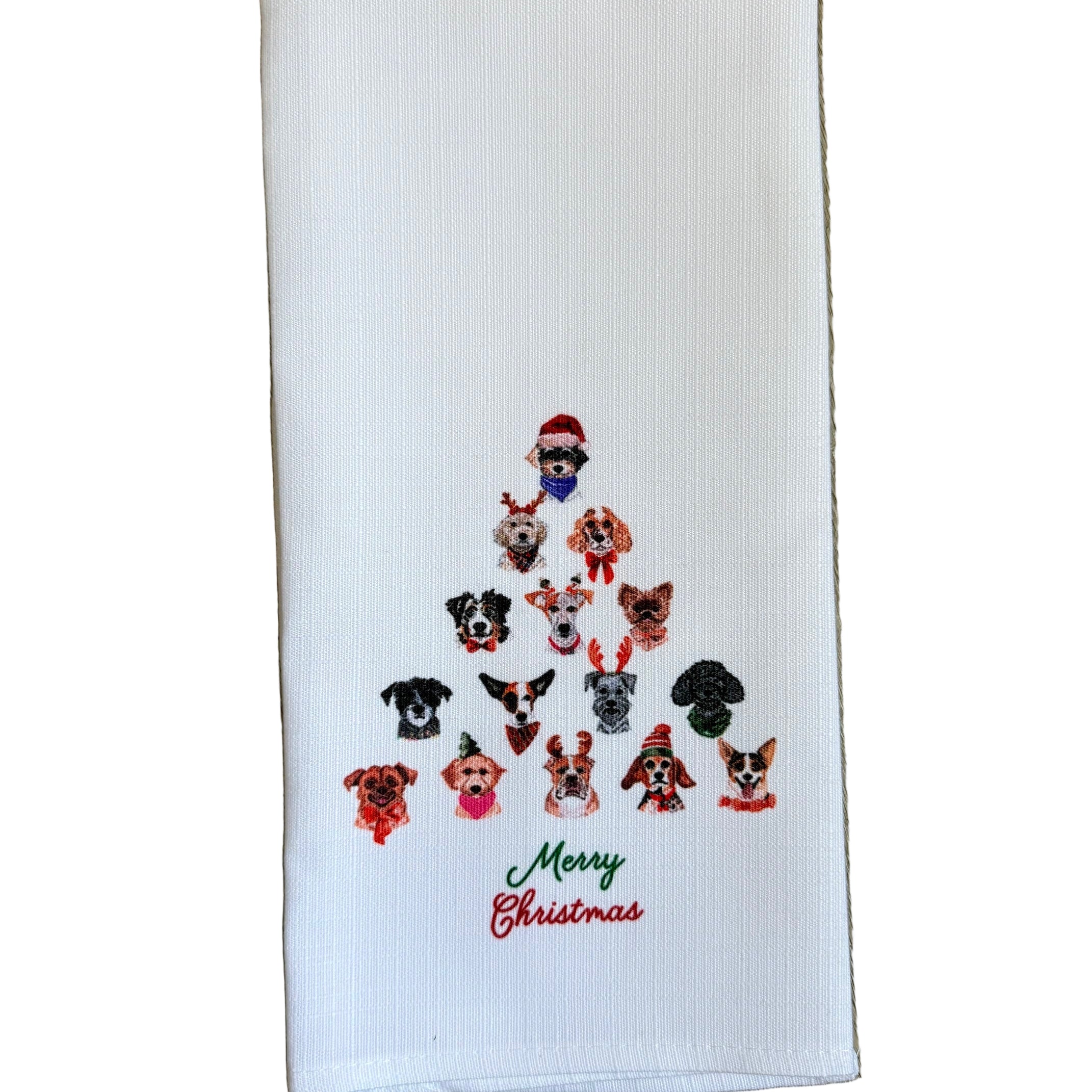 Little Birdie Merry Christmas Dog Tree Tea Towel – festive holiday kitchen towel with dog and tree design, handcrafted and available at Be Charmed.