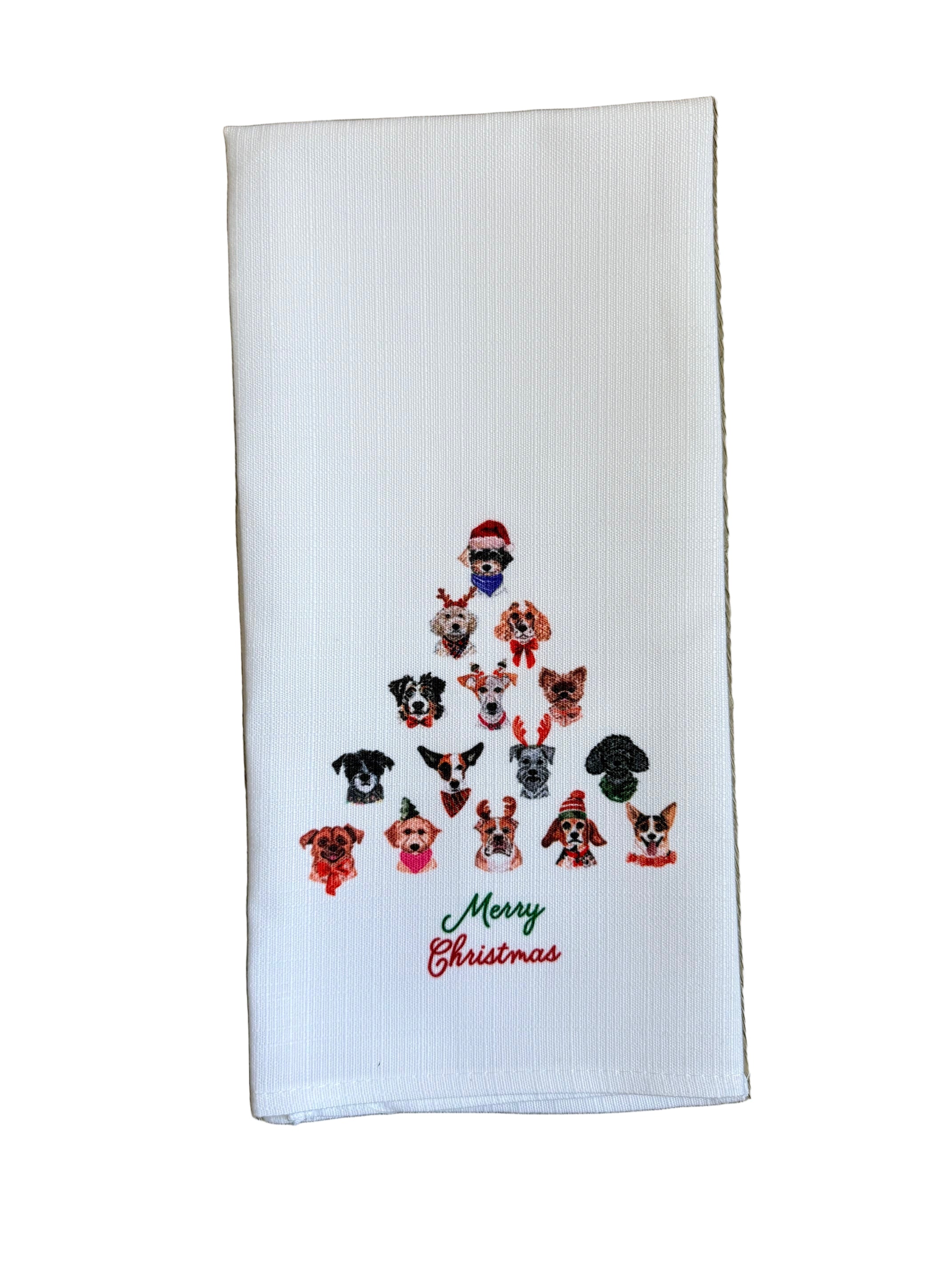 Little Birdie Merry Christmas Dog Tree Tea Towel – festive holiday kitchen towel with dog and tree design, handcrafted and available at Be Charmed.