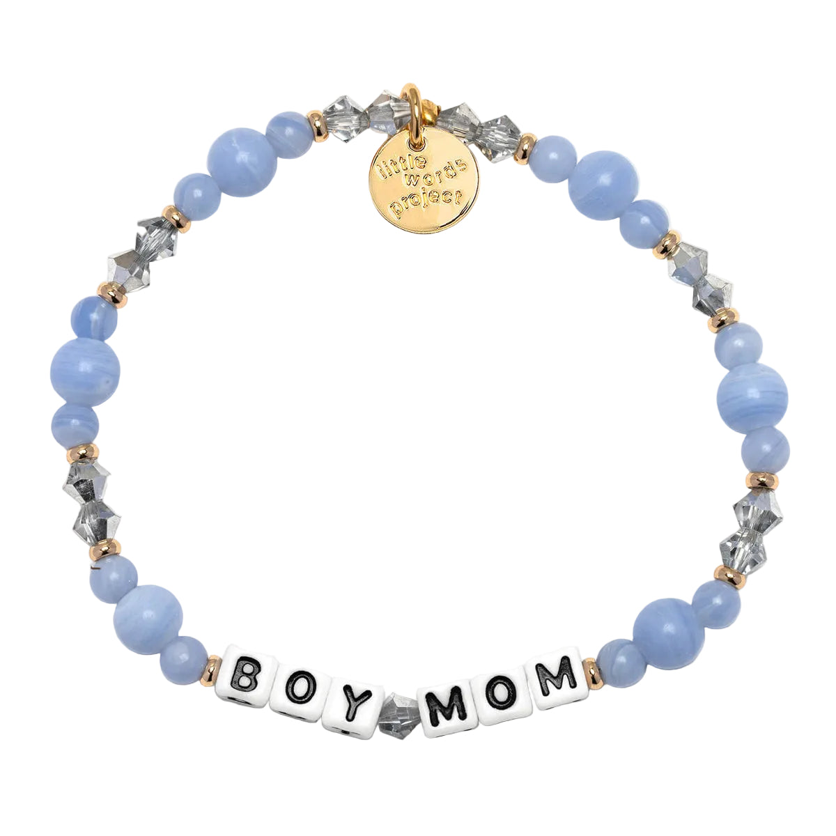 Bracelet with blue beads, silver and gold accents, and 'BOY MOM' charm on a white background. Available at Be Charmed