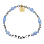 Bracelet with blue beads, silver and gold accents, and 'BOY MOM' charm on a white background. Available at Be Charmed