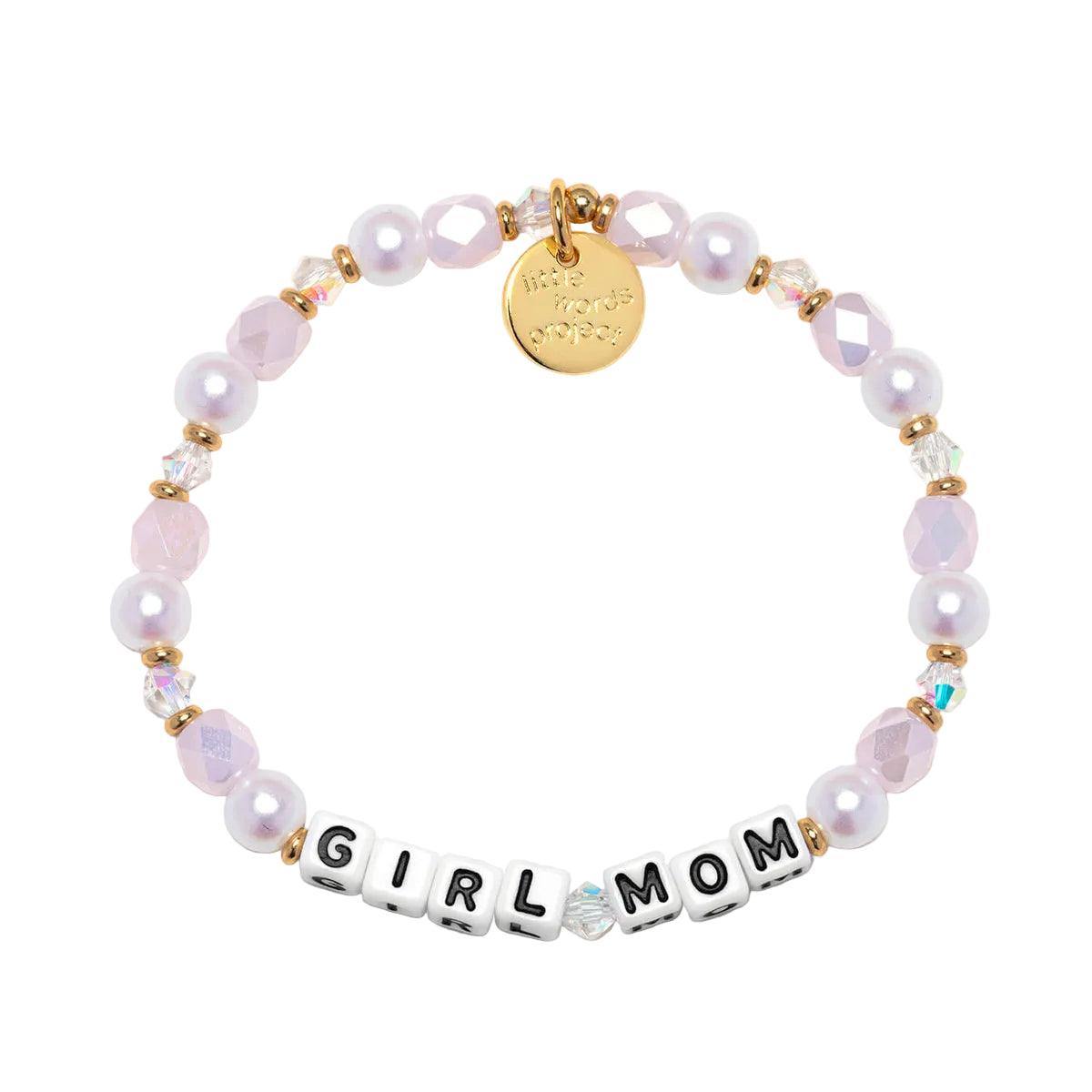Bracelet with 'GIRL MOM' beads on a white background. Available at Be Charmed