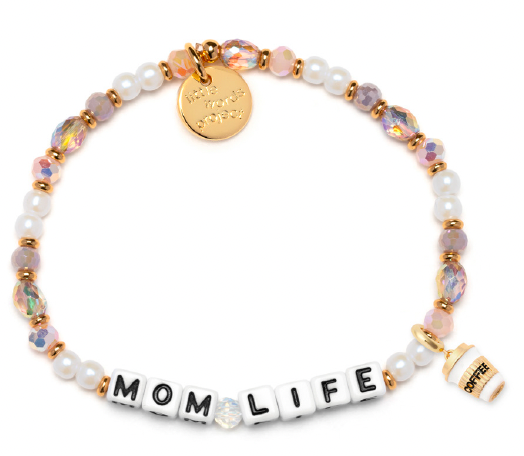 Bracelet with 'Mom Life' charm and multicolored beads on a white background. Available at Be Charmed