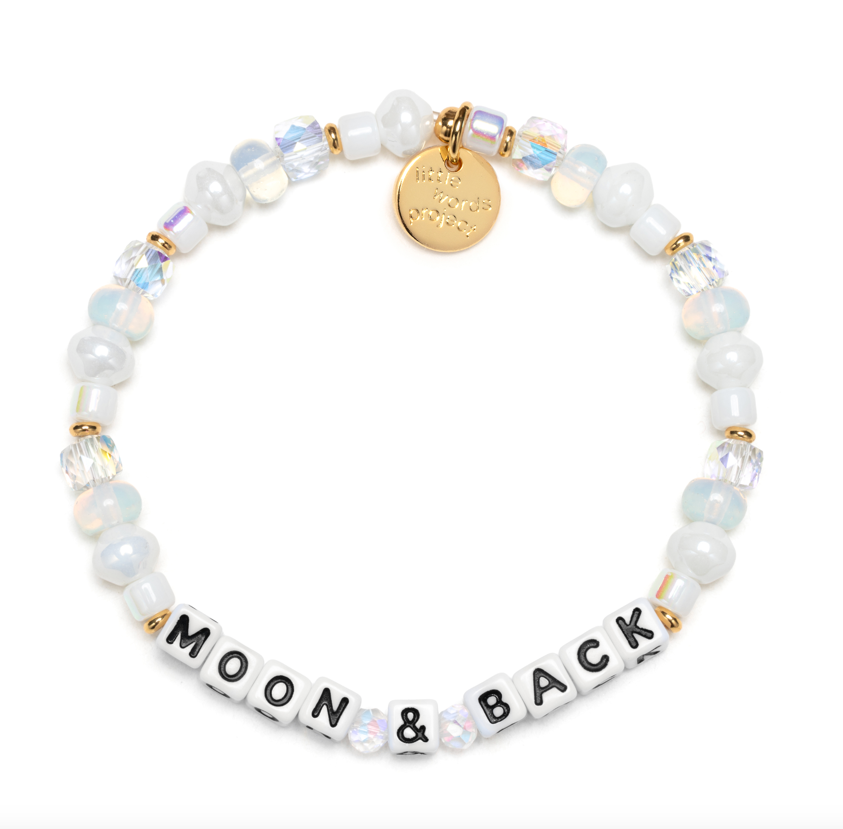 Bracelet with 'MOON & BACK' beads on a white background. Available at Be Charmed