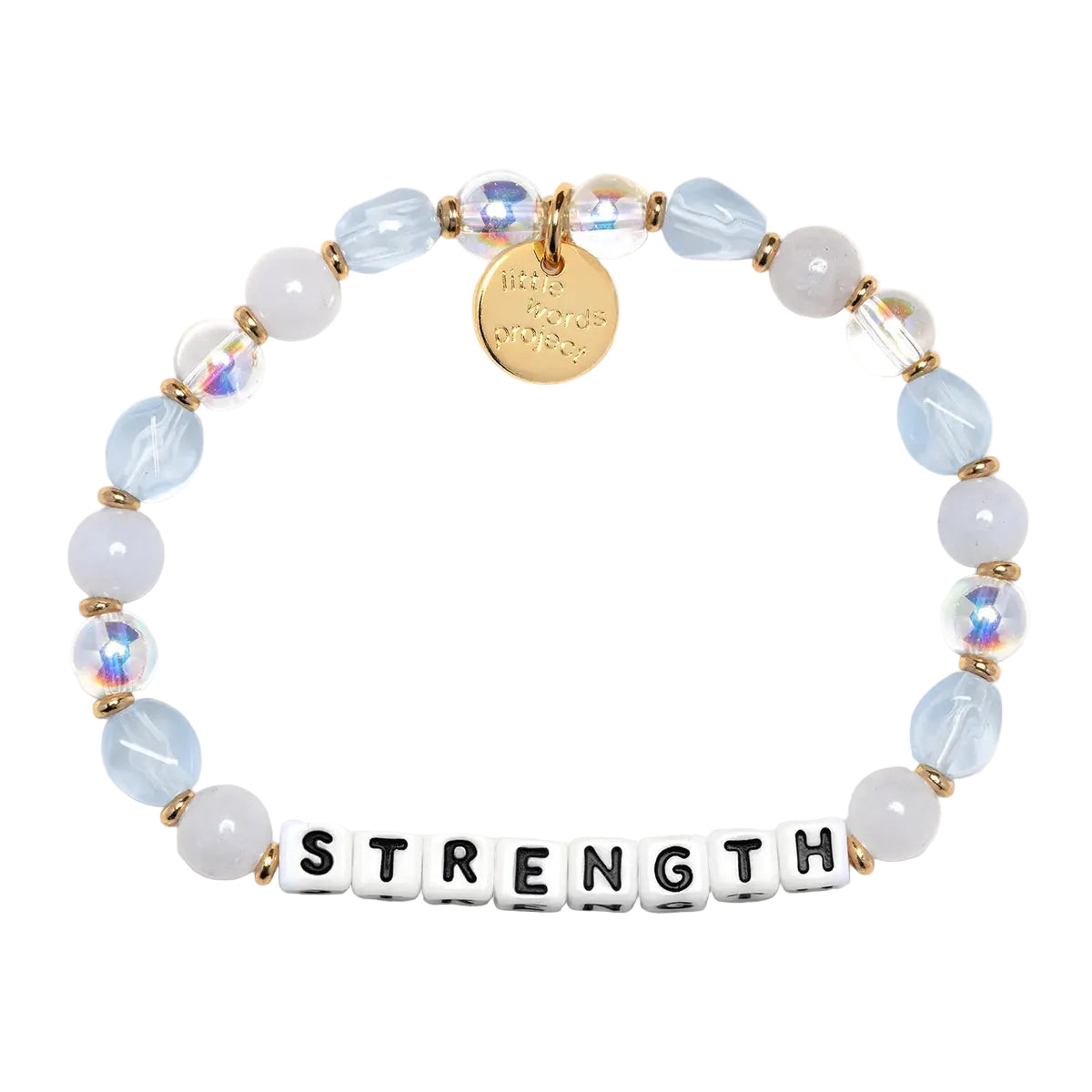 Bracelet with beads and letter tiles spelling 'STRENGTH' on a white background. Available at Be Charmed