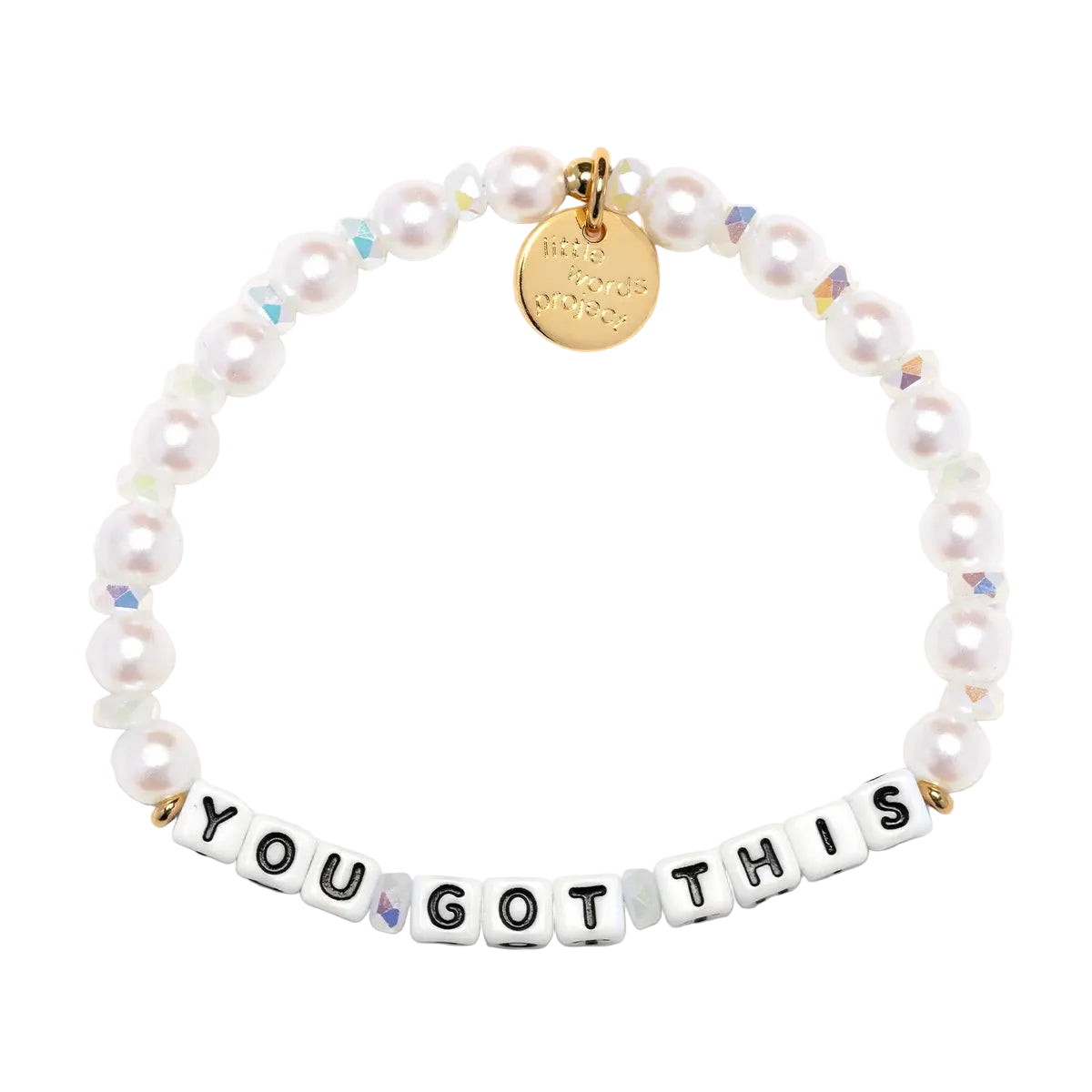 Pearl bracelet with beaded 'YOU GOT THIS' message and gold tag on a white background. Available at Be Charmed