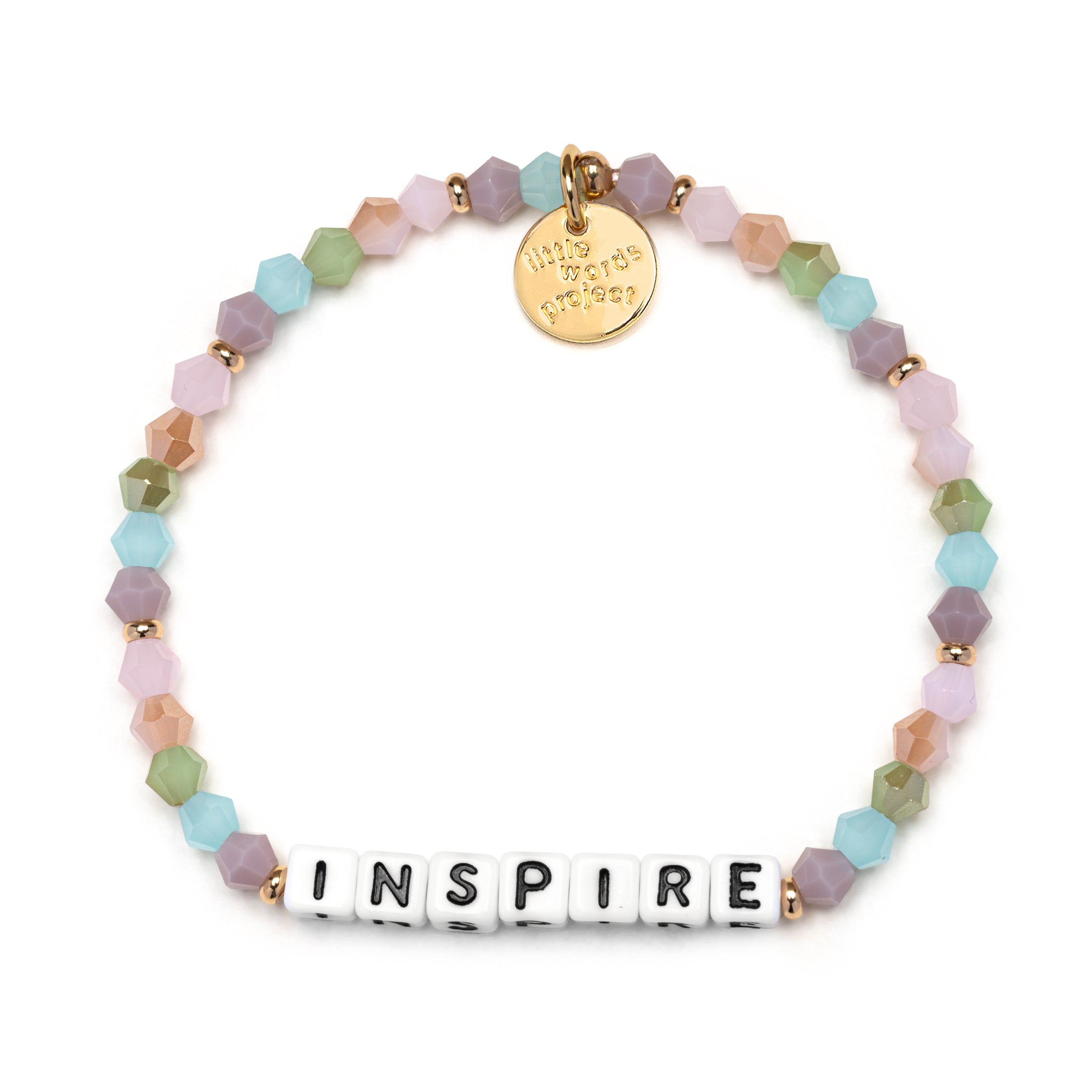 Little Words Project Dream in Color Inspire Bracelet – Colorful beaded bracelet with white letter beads spelling "INSPIRE," available at Be Charmed.