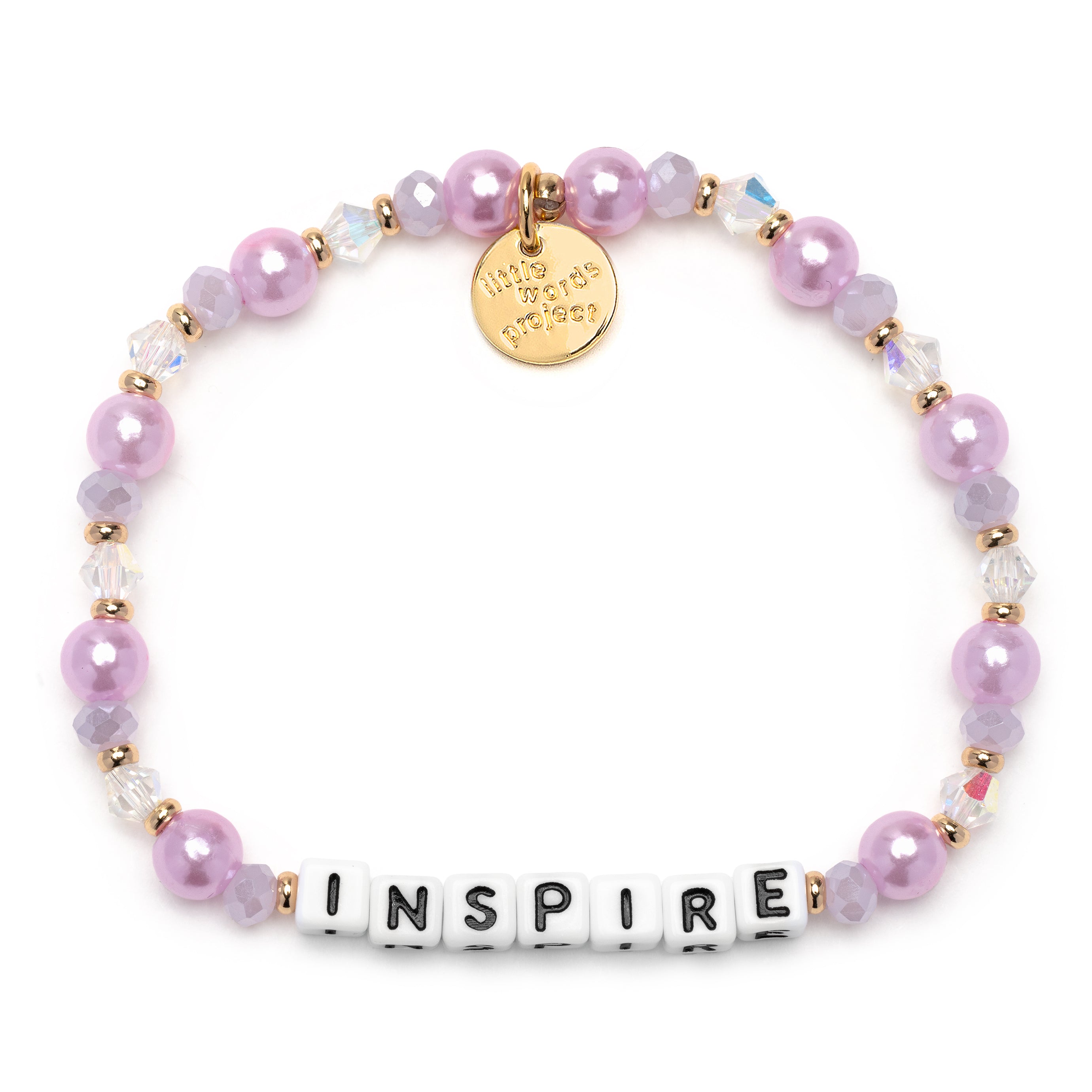 Little Words Project Lilac Dream Inspire Bracelet – Light purple beaded bracelet with “INSPIRE” letter beads, available at Be Charmed.