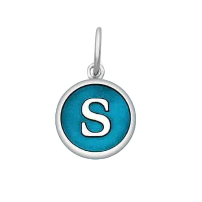 A Lola sterling silver pendant with an enamel inlay in the shape of the letter 'S', with a blue and white color scheme. Available at Be Charmed