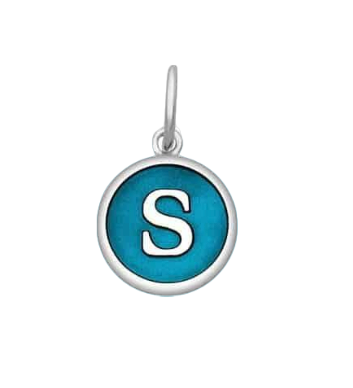 A Lola sterling silver pendant with an enamel inlay in the shape of the letter 'S', with a blue and white color scheme. Available at Be Charmed