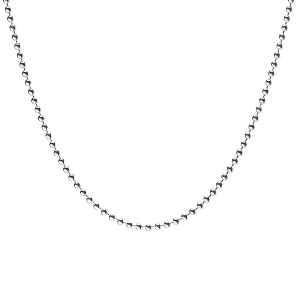 A silver ball chain necklace with 2mm beads, displayed against a white background. Available at Be Charmed