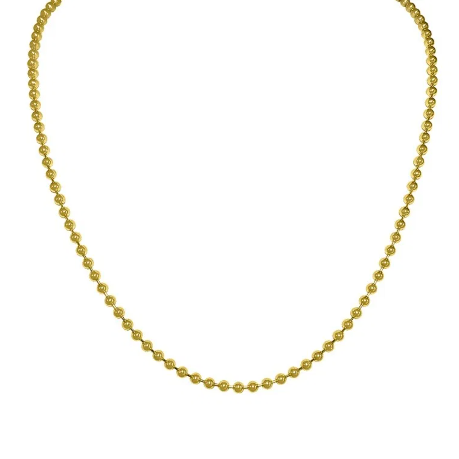 A Lola 2mm gold ball chain necklace with a length, displayed against a white background. Available at Be Charmed