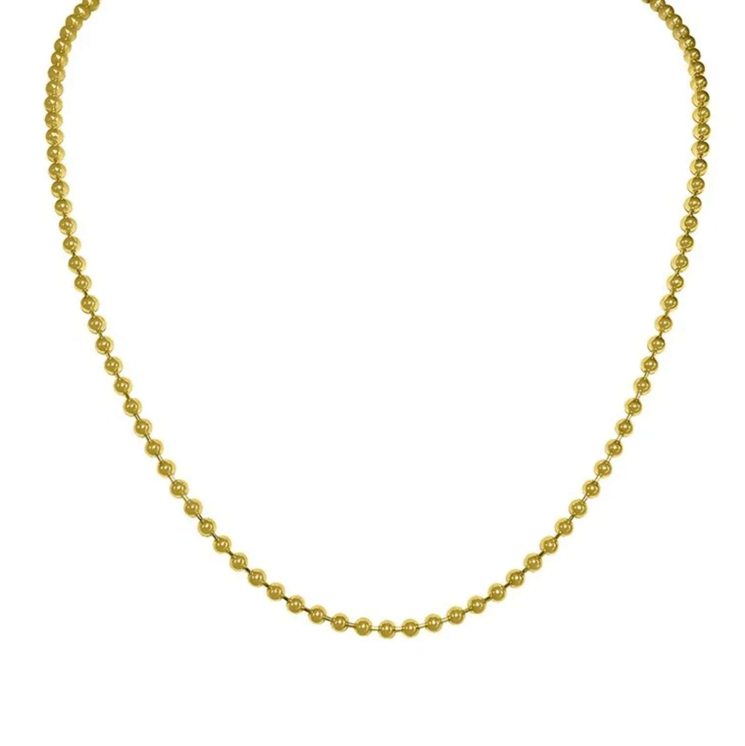 A Lola 2mm gold ball chain necklace with a length, displayed against a white background. Available at Be Charmed