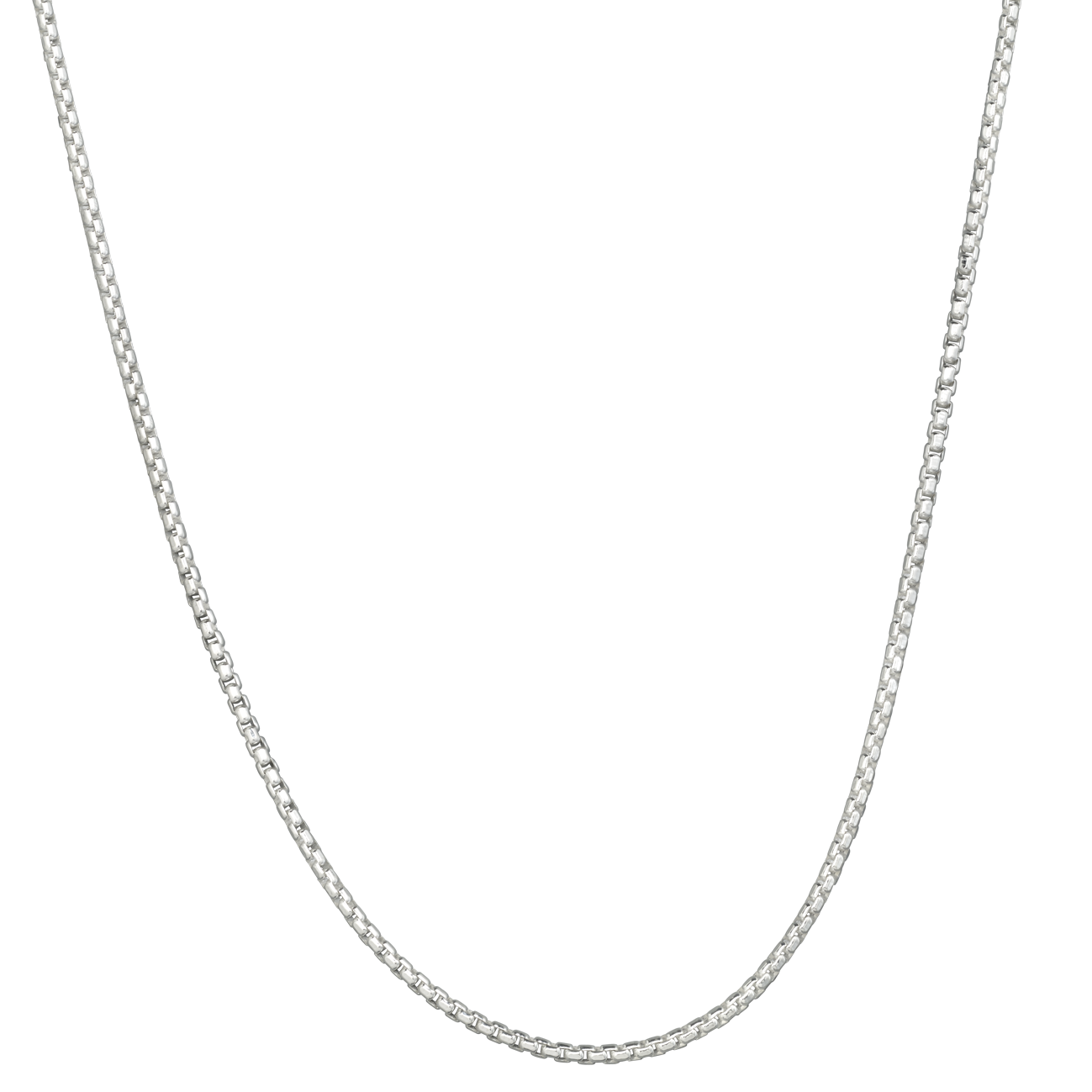 A silver 2mm rounded box chain necklace on a black background. Available at Be Charmed