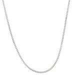 A silver 2mm rounded box chain necklace on a black background. Available at Be Charmed