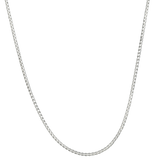 A silver 2mm rounded box chain necklace on a black background. Available at Be Charmed