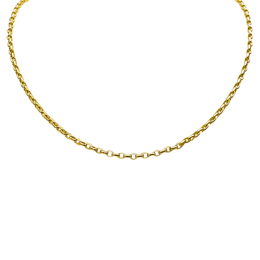 A gold rolo chain necklace on a black background. Available at Be Charmed
