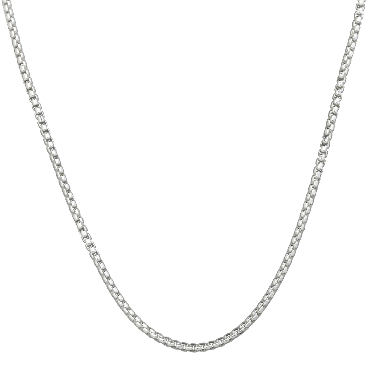 A silver 3mm rounded box chain necklace on a black background. Available at Be Charmed