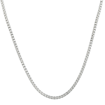 A silver 3mm rounded box chain necklace on a black background. Available at Be Charmed