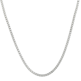 A silver 3mm rounded box chain necklace on a black background. Available at Be Charmed