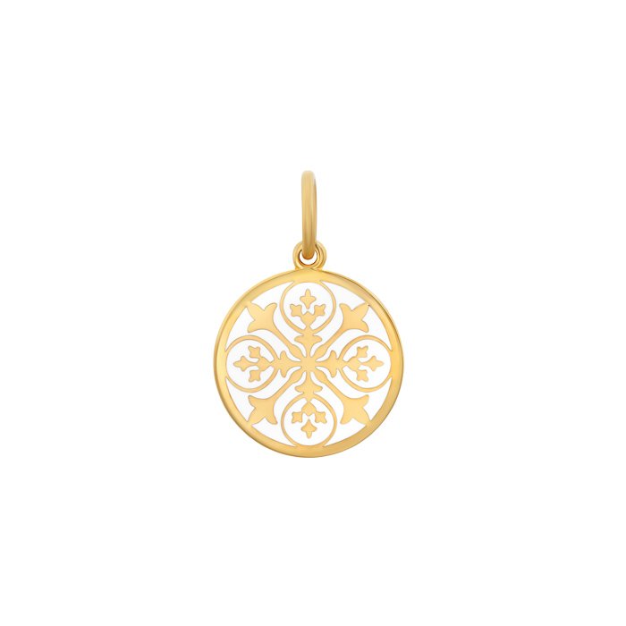 A gold Lola pendant with an alpine white enamel fleur-des-lis design. Available at Be Charmed