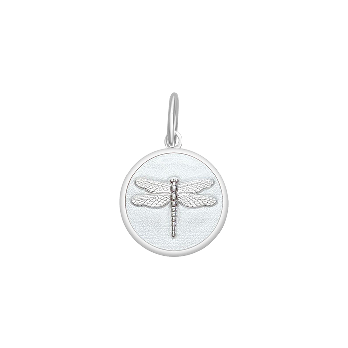 Alpine White Lola Dragonfly pendant symbolizing transformation freedom and adaptability, meaningful nature-inspired charm jewelry gift, Available at Be Charmed