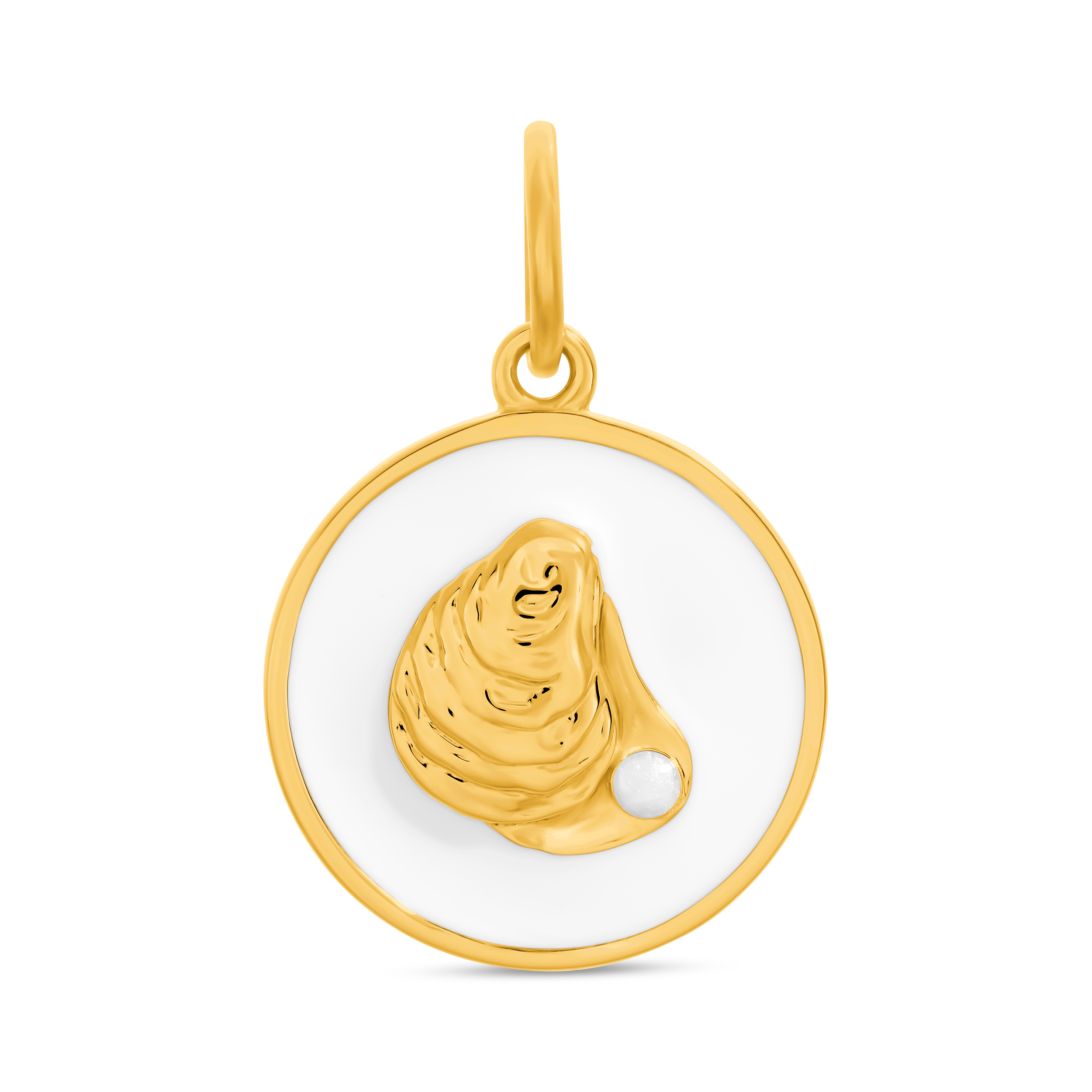 Lola Oyster Alpine White All Gold Pendant featuring oyster shell designs in 24K gold-plated sterling silver with enamel inlay. Available at Be Charmed.