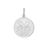 A sterling silver pendant with a alpine white, featuring an engraved design resembling a sand dollar. Available at Be Charmed
