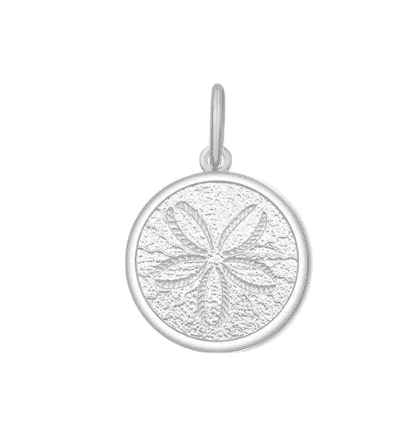 A sterling silver pendant with a alpine white, featuring an engraved design resembling a sand dollar. Available at Be Charmed