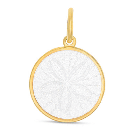 Small Alpine White Sand Dollar Pendant – elegant all-gold sand dollar design symbolizing peace, renewal, and coastal beauty, crafted by Lola, available at Be Charmed