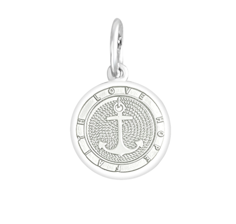 A sterling silver Lola pendant in alpine white with an enamel inlay in the shape of an anchor and a circular design, featuring the engraved text 'DON'T GIVE UP THE SHIP.'. BAvailable at Be Charmed
