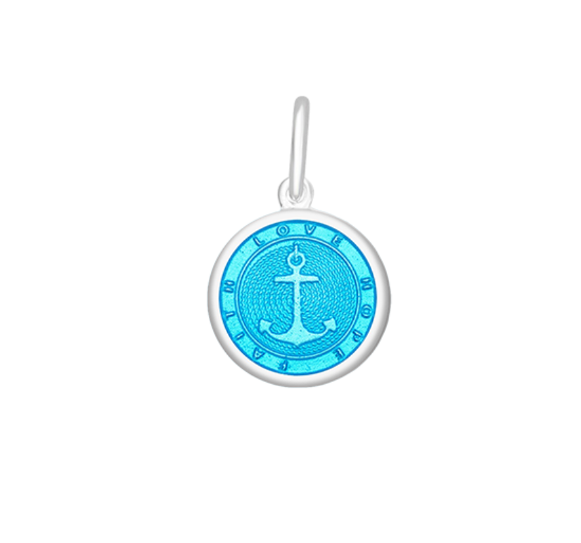 A sterling silver Lola pendant in light blue with an enamel inlay in the shape of an anchor and a circular design, featuring the engraved text 'DON'T GIVE UP THE SHIP.'. BAvailable at Be Charmed