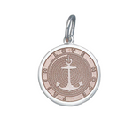 A sterling silver Lola pendant in pink with an enamel inlay in the shape of an anchor and a circular design, featuring the engraved text 'DON'T GIVE UP THE SHIP.'. BAvailable at Be Charmed