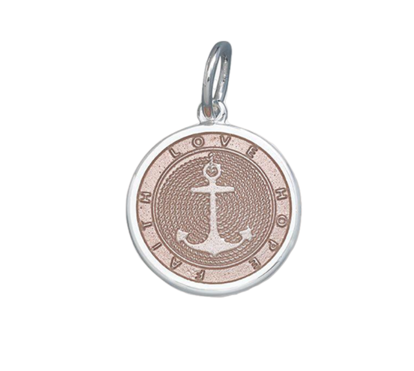 A sterling silver Lola pendant in pink with an enamel inlay in the shape of an anchor and a circular design, featuring the engraved text 'DON'T GIVE UP THE SHIP.'. BAvailable at Be Charmed