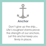 Product card for A sterling silver Lola pendant in light blue with an enamel inlay in the shape of an anchor and a circular design, featuring the engraved text 'DON'T GIVE UP THE SHIP.'. BAvailable at Be Charmed