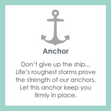 Product card for A sterling silver Lola pendant in light blue with an enamel inlay in the shape of an anchor and a circular design, featuring the engraved text 'DON'T GIVE UP THE SHIP.'. BAvailable at Be Charmed