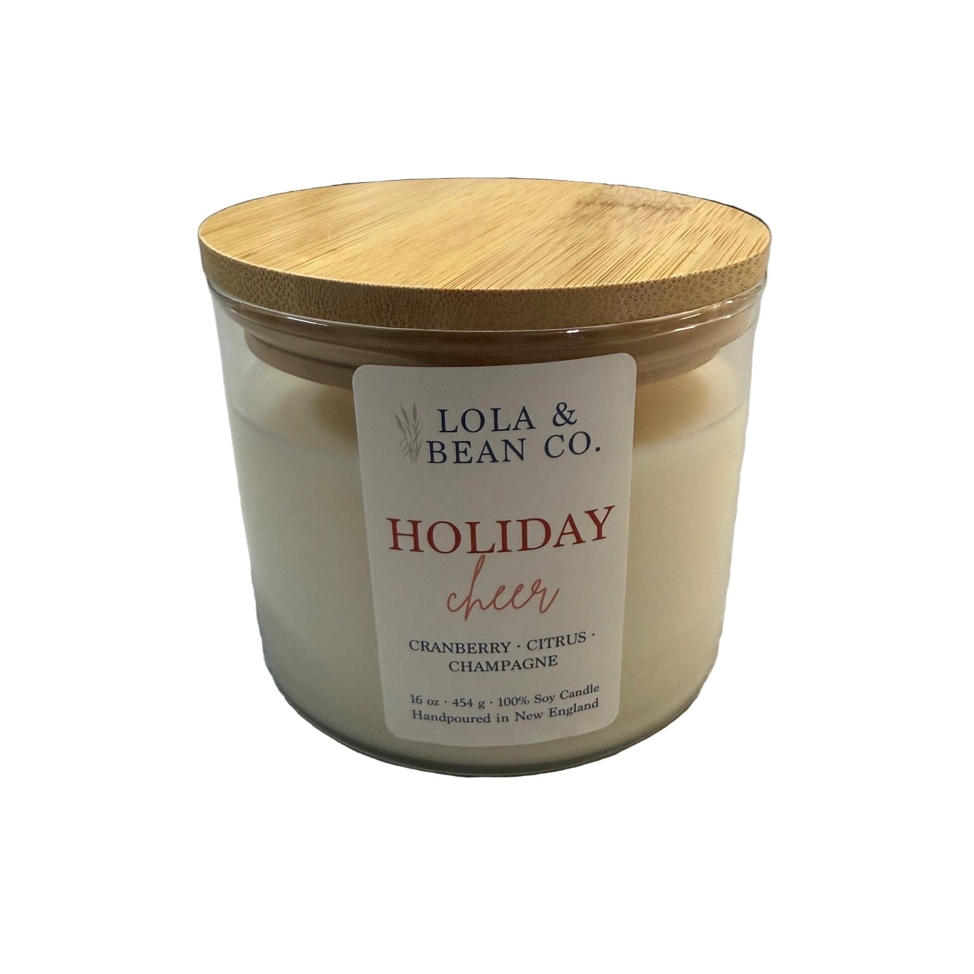 Lola & Bean 3 Wick Soy Candle Holiday Cheer with festive holiday scent in a clean-burning soy blend, available at Be Charmed.