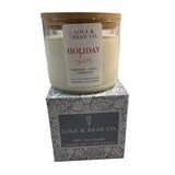Lola & Bean 3 Wick Soy Candle Holiday Cheer on box with festive holiday scent in a clean-burning soy blend, available at Be Charmed.