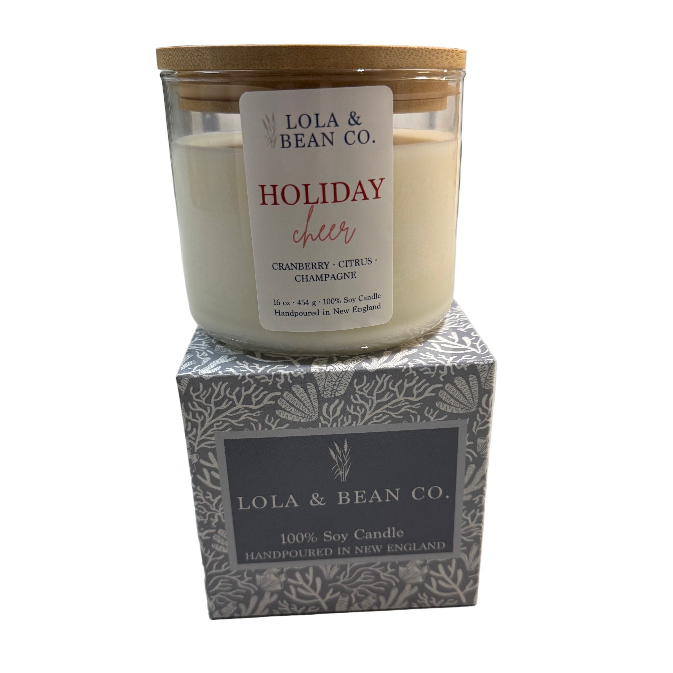 Lola & Bean 3 Wick Soy Candle Holiday Cheer on box with festive holiday scent in a clean-burning soy blend, available at Be Charmed.