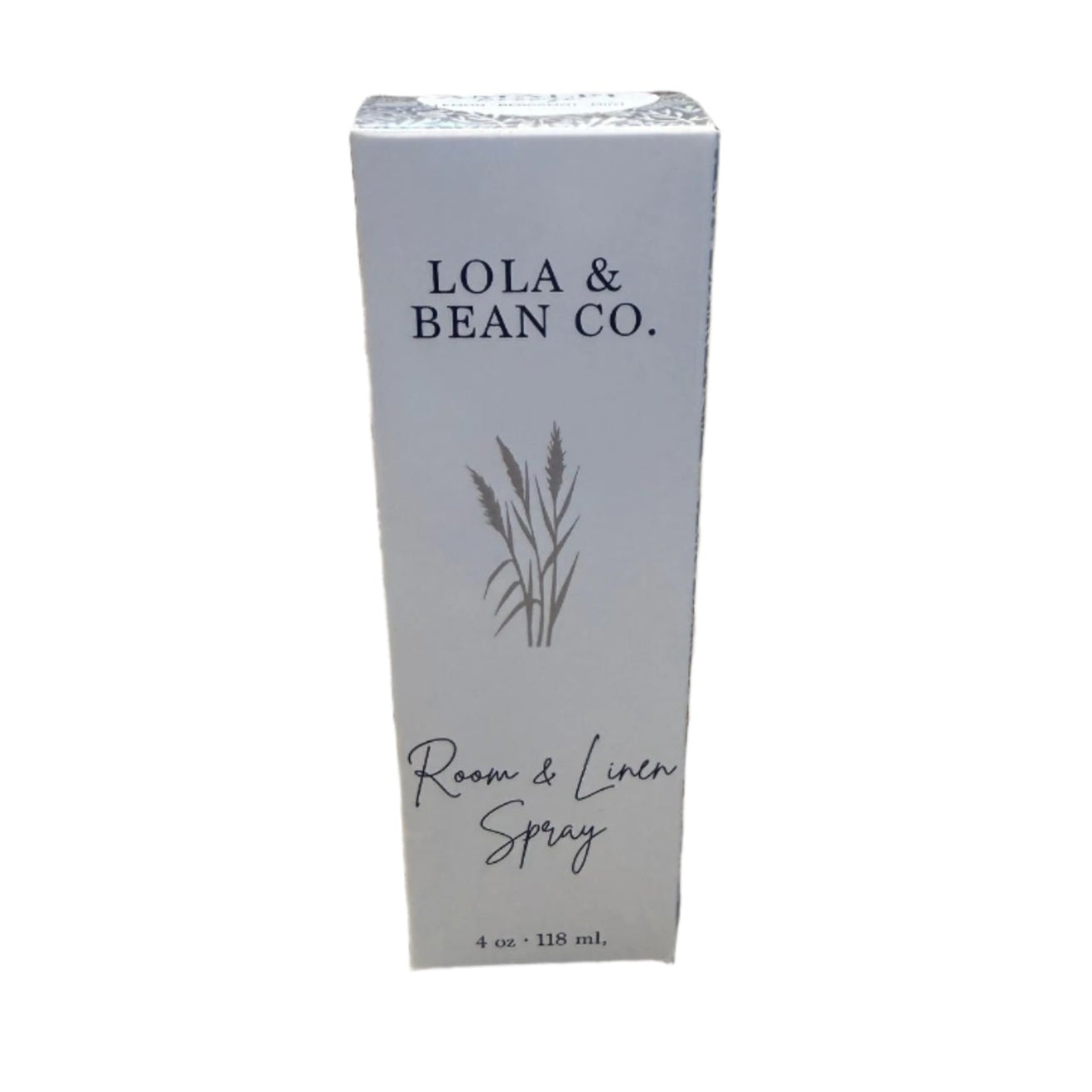 Lola & Bean 4oz Room Spray – Matte white glass bottle with gold collar fine mist sprayer, featuring a fresh and eco-friendly scent, available at Be Charmed.