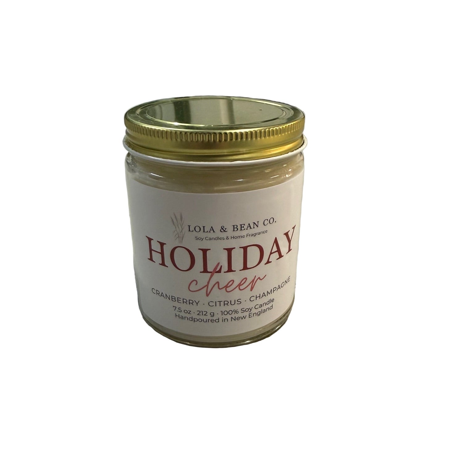 Lola & Bean 7.5 oz Soy Candle Holiday Cheer with festive holiday fragrance in a clean-burning soy wax blend, available at Be Charmed.