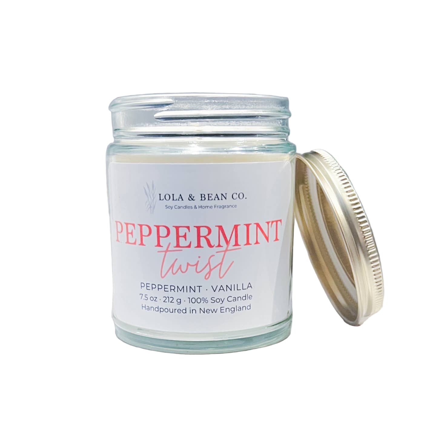 Candle jar labeled 'Peppermint Twist' by Lola & Bean Co. on a white background. Handmade in New England. Available at Be Charmed. 