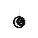 A Lola Black silver pendant featuring a blue crescent moon and five stars against a transparent background. Available at Be Charmed